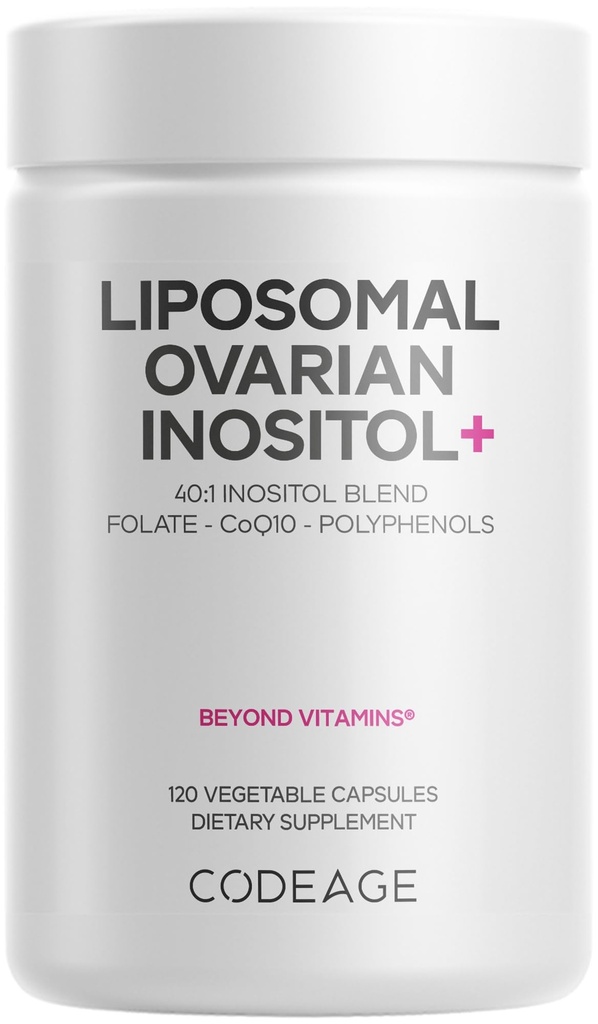 Codeage Liposomal Ovarian Inositol+ Suplemento - Myo-Inositol & D-Chiro-Inositol 40:1 Mistura, Folato 5-MTHF, CoQ10, Romã e Amora Selvagem, Entrega Liposomal, Não-GMO, Gluten-Free - 120 Cápsulas