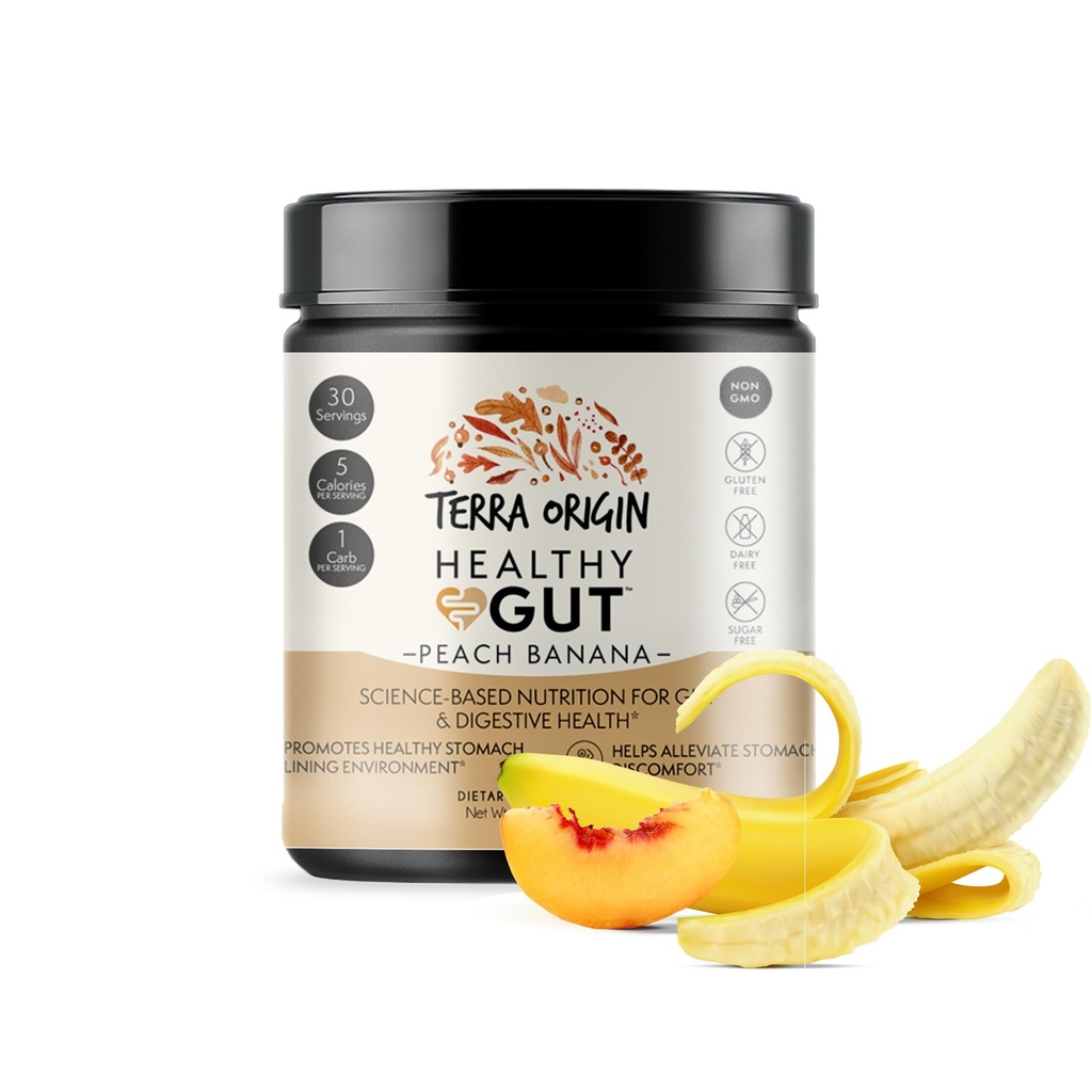 TERRA ORIGIN Saudável Gut Peach Banana 30-Servições com L-Glutamina, Zinco, Glucosamina, Slippery Elm Bark, Marshmallow Root e mais!