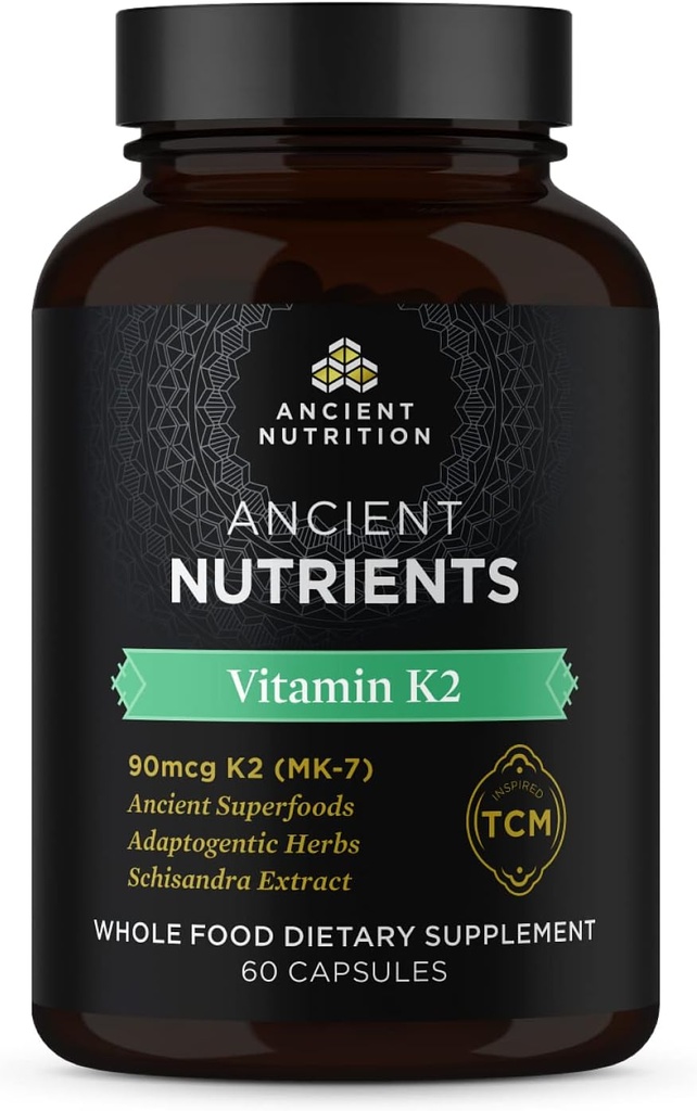 Nutrição antiga Suplemento K2 Vitamina, K2-90mcg K2, Ervas Adaptogênicas, Enzima Ativada, Suporta Função Cardiovascular, Paleo & Keto Friendly, 60 Cápsulas