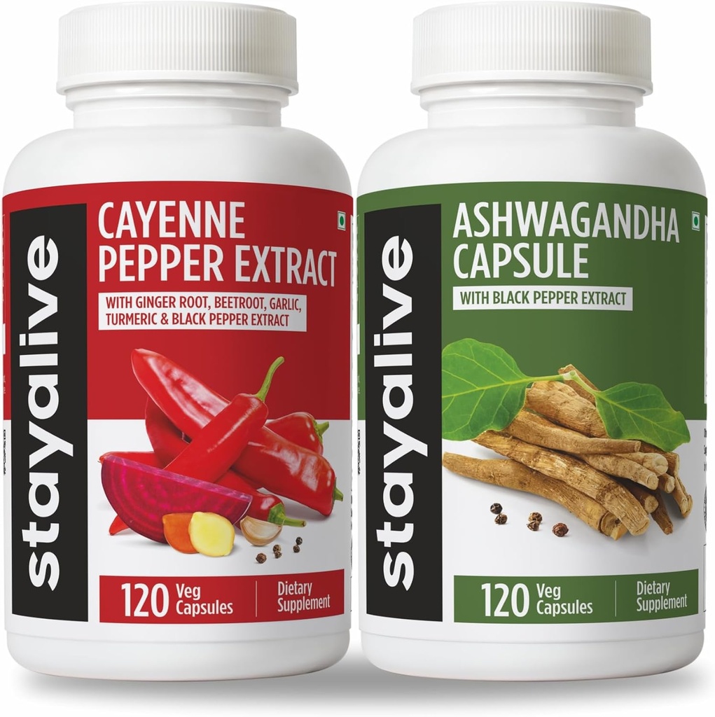 STAY ALIVE Cayenne and Ashwagandha Bundle w/Black Pepper Extract Cápsulas, 240 comprimidos Vegan, Non-GMO & Gluten Free Ashwagandha Cayenne Pepper Supplement