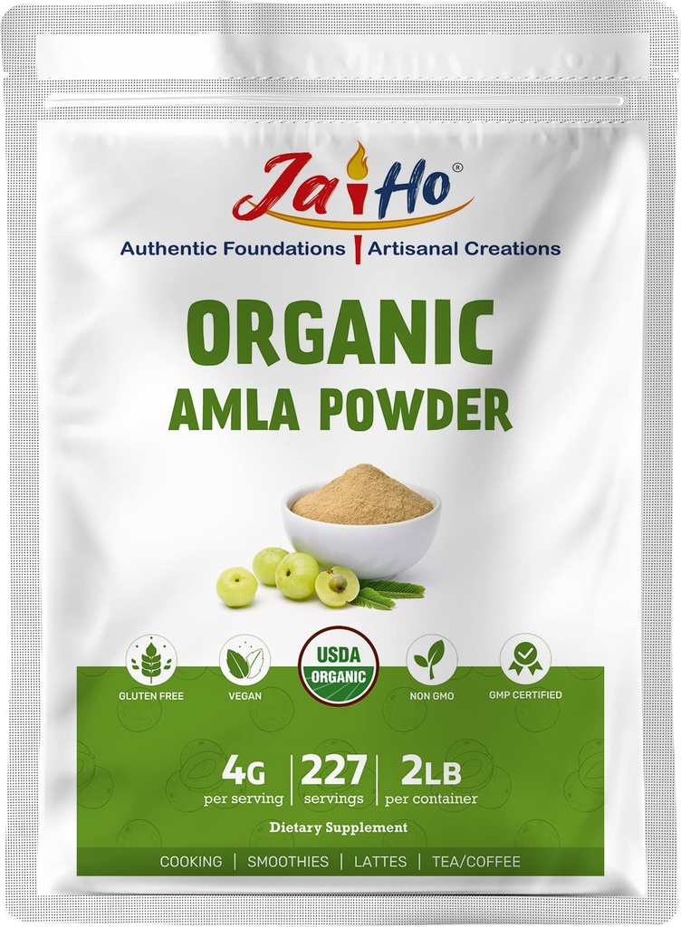 Jai Ho Organic Amla Berry Powder (Amalaki), 2 LB - Rico em antioxidante Vitamina C - Suporta imunidadeGluten Free, Vegan, Não-GMO - Resealable Zip Lock Pouch