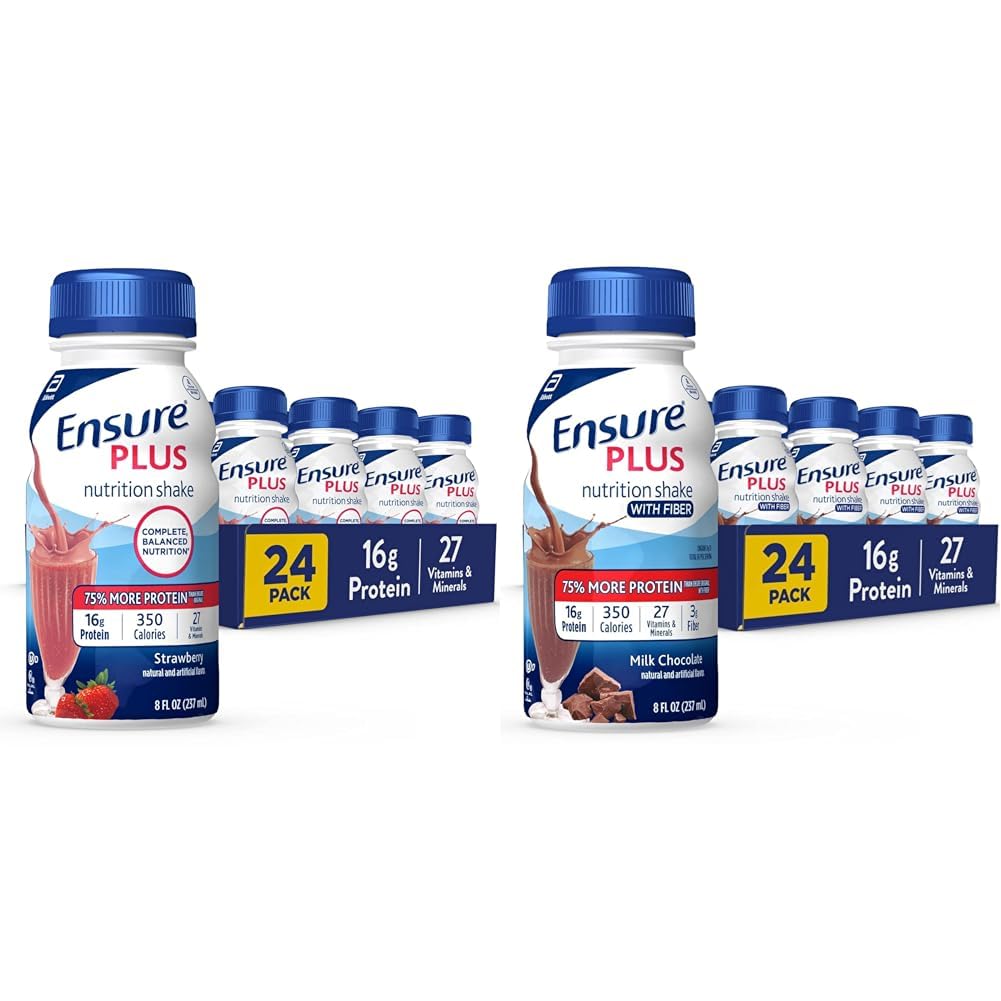 Certifique-se de Shake Nutricional Plus com 16 gramas de proteína e garantir Shake Nutricional Plus Com Fibra, 16 gramas de proteína, líquido de substituição de refeições, chocolate de leite, sem glúten, 8 Fl Oz (Pacote de 24)