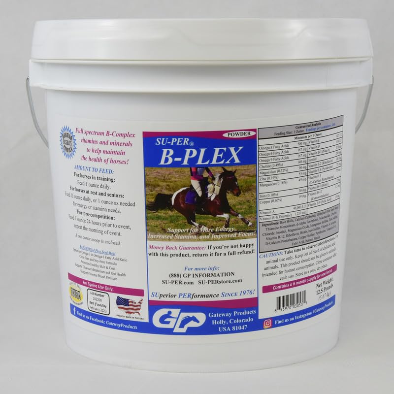 SU-PER B-Plex Powder Equinine Vitaminas - Completo B-Complex Horse Vitaminas e Minerais Suplemento - Hooves Saudável, Células de Sangue Vermelho, Horse Calming Powder - 12,5 libras, 6 meses de fornecimento (180 dias)