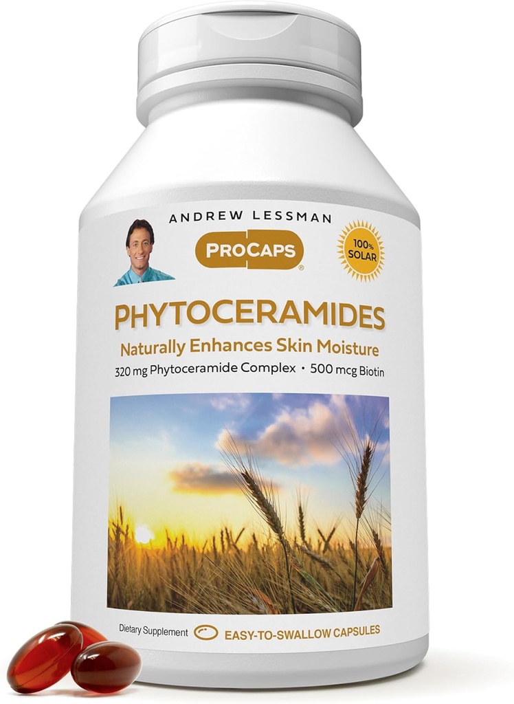 ANDREW LESSMAN Fitoceramidas com Biotin 240 Softgels - Moisturizer Interno Natural Vital da Pele. Naturalmente melhora a pele macia, suave e radiante. Sem aditivos. Pequeno fácil de engolir Softgels