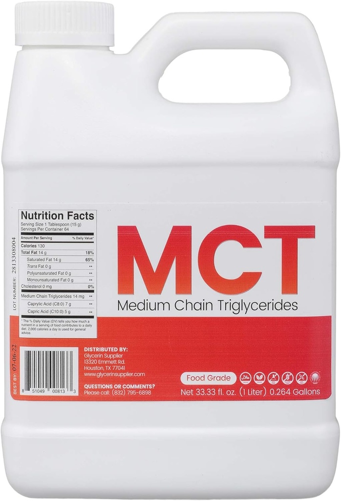 Glicerina Fornecedor MCT Óleo - 1 Liter (33.33 Oz.) Grau Alimentar - Não OGM - Halal - Vegan - Palma Sustentável Derived - para tinturas, Nutrição Desportiva, Keto ou Paleo Diet, Energia Limpa