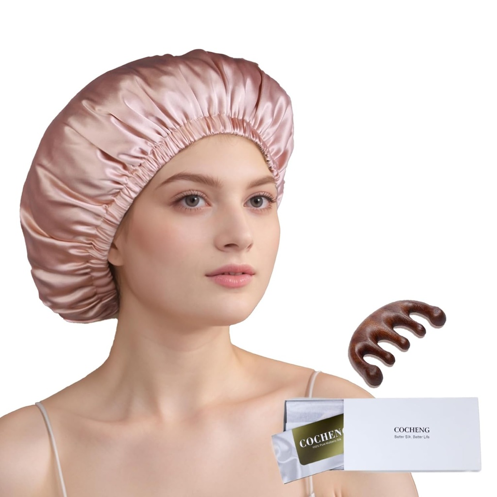 100% Mulberry Silk Bonnet para mulheres adormecidas Long Hair -Duplo Camada Sono Cap -Silk Sono Bonnet com Elastic Stay On Head (Pink, Grande)