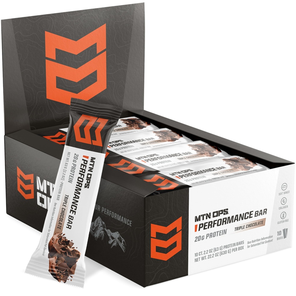 MTN OPS Triple Chocolate Mudslide Protein Bars, alta proteína com isolado de whey & concentrado de whey e colagénio, baixo açúcar, sem glúten, 10 contagem