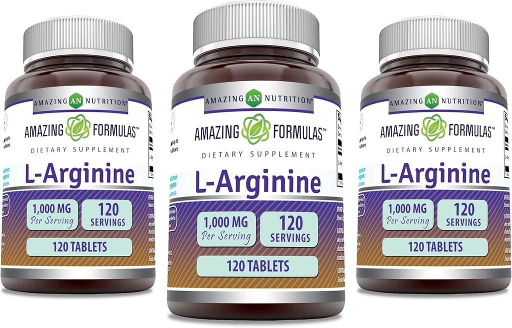 Fórmulas surpreendentes L-Arginina Suplemento 1000 Mg Por Servindo Tablets Suplemento Aminoácido para Mulheres e Homens Não-GMO Glúten Grátis □ Made in USA (120 Count □ 3 Pack)