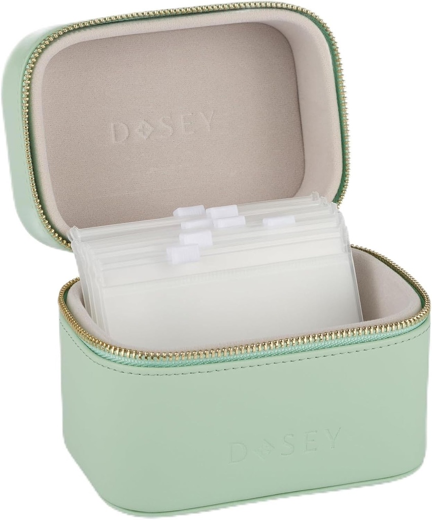 SAGE Dosey Travel Pill Case & Easy-Slide Pouches - Vegan Couro Organizador de comprimidos diário com 7 bolsos herméticos para medicina Armazenamento & Proteção - Organizador de medicamentos elegante