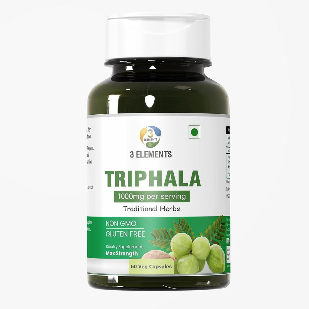 3elementos Triphala 1000mg I 60 Cápsulas para Destoxificação Diária, Limpeza, & Rejuvenescimento, Digestão e Suporte Colon, Suporte do Sistema Imune, Adaptogen, Nutriente Dense, Vegan, Sem glúten