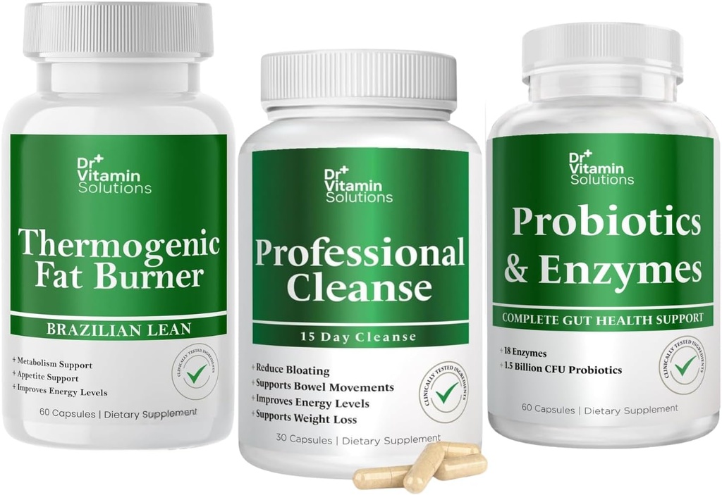 DR VITAMIN SOLUTIONS Queimador termogênico de gordura e detox profissional Cleanse Bundle - 15 dias de limpeza para gerenciamento de peso, saúde da tripa e alívio do inchaço - 240 Caps