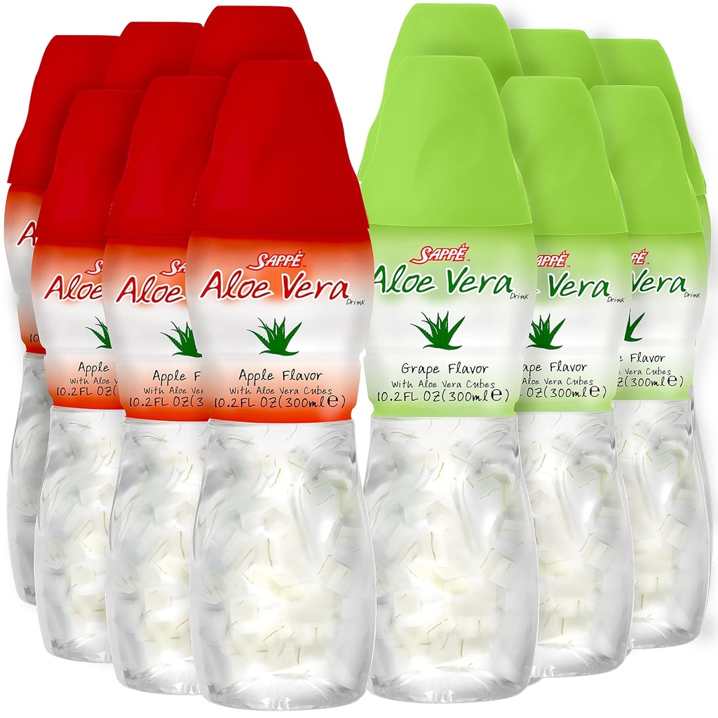 Suco de aloé vera (Grape & Apple) Bebida de aloé vera com pedaços maiores de polpa de aloé pura (12 embalagens) Suco à base de plantas grande para hidratação e contém grande polpa de aloé. Aloe vera suco é saudável