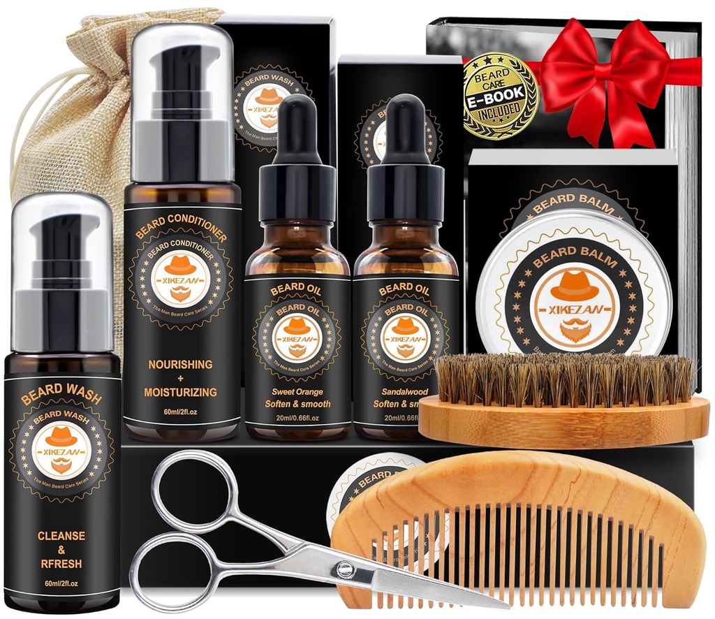 XIKEZAN Beard Kit para homens Grooming & Care w/Beard Conditioner, Lavagem, Óleo, Balm, Escova, Comb, Pais de aniversário Valentines presentes para homens ele pai marido namorado Natal presentes homens meia recheios