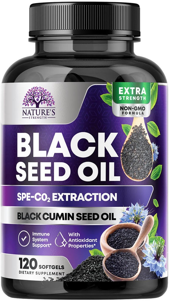 Cápsulas de óleo de semente preta 1000mg com Thymoquinone - Puro Nigella Sativa para a saúde da pele e apoio imunológico, 100% óleo de semente preta, Extração surpreendente acima frio Pressionado Black Cumin Seed - 120 Softgels
