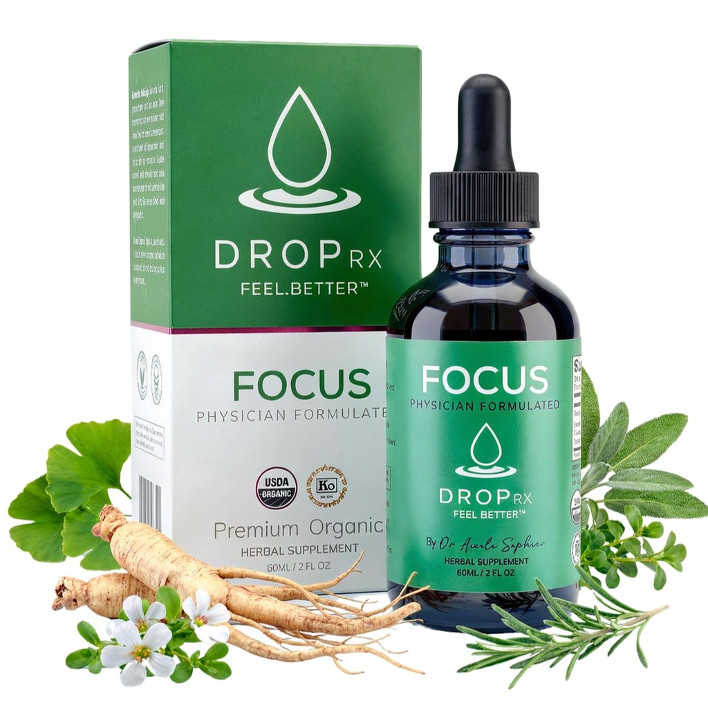 DropRx Focus by Dr. Nicole Saphier – Ginkgo Biloba & Ginseng, Bacopa, Rosemary & Sage para melhoria da memória e foco cerebral – Orgânico, Não-GMO, Vegan, Gluten-Free, Kosher, Made in USA (2 Fl Oz)