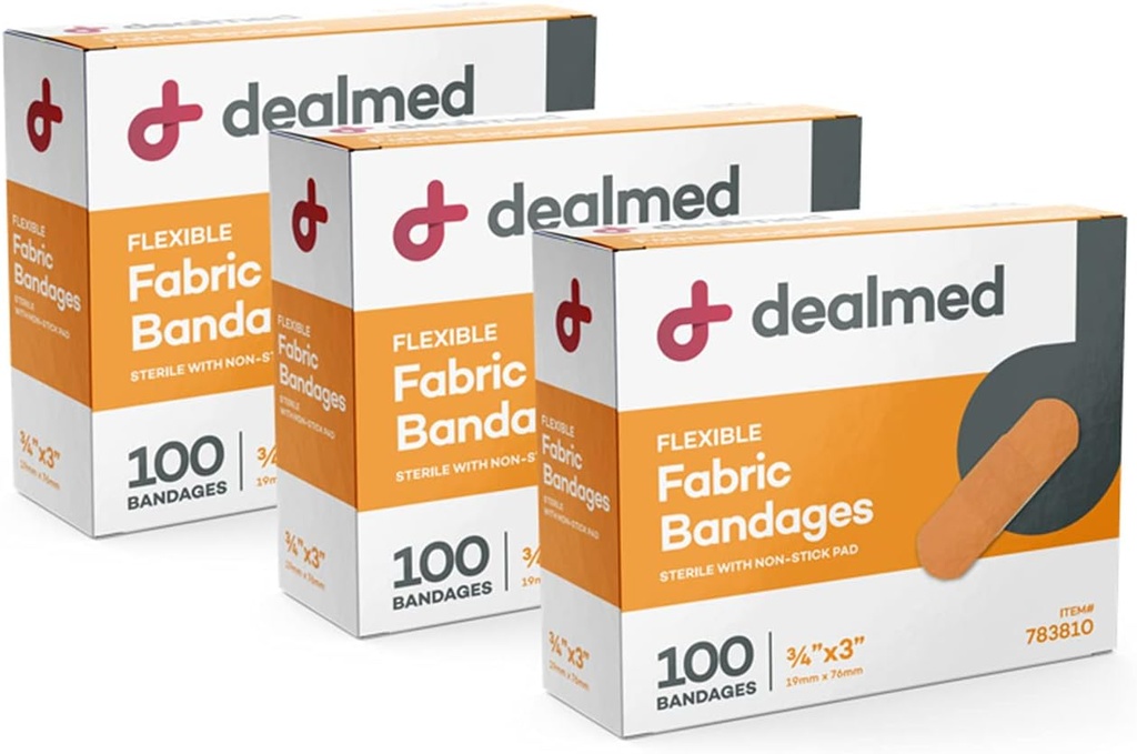 Bandagens flexíveis de adesivo de tecido dealed – 100 Count (3 Pack) Bandages com almofada não-estíquete, Látex livre, cuidado de ferida para kit de primeiros socorros, 3" x 3/4"