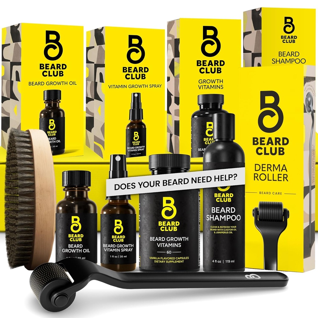 Kit de crescimento avançado de barba do clube de barba - Derma Roller, Óleo de Crescimento, Vitaminas e Spray Vitamina, Shampoo e Escova de Bristle de javali - Conjunto de presentes - Cedar