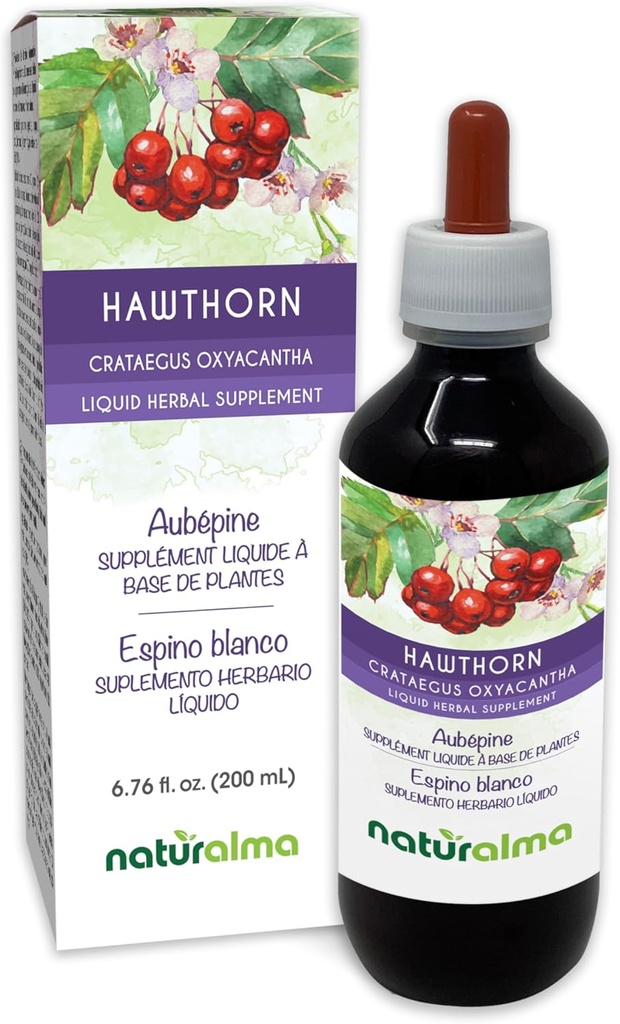 Naturalma Hawthorn (Crataegus oxyacantha) Folha e flor Tintura sem álcool - 6.76 fl oz Extrato líquido em gotas - Suplemento de ervas - Vegan