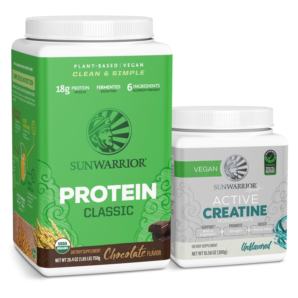 Sunwarrior Brown Rice Protein Powder Planta Baseada em Chocolate 30 Servings & Creatina Mono-hidratado em Pó Micronizado sem sabor, 60 Servings