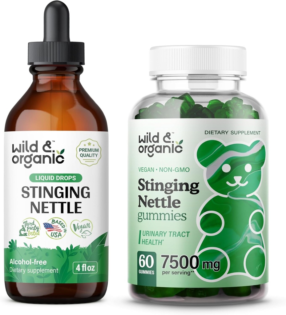 Selvagem e orgânica picada Nettle Root Tintura 4 fl oz & Stinging Nettle Gummies raiz