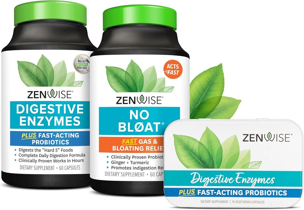 Zenwise Health Bliss Bundle Digestive Enzimas + Sem Bloat + Free Travel Tin - Rotina Digestiva pré e pós-alimentação com enzimas e probióticos para Digestion