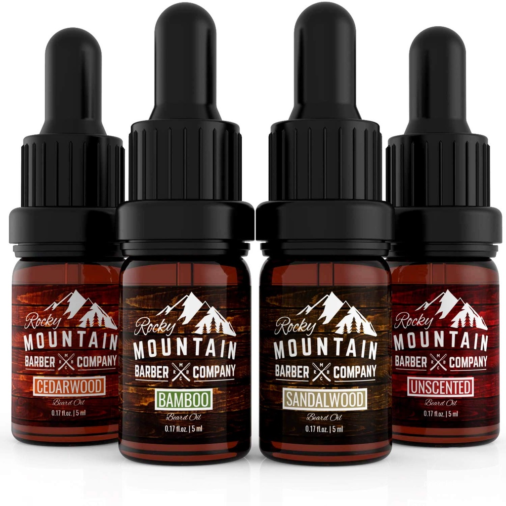 Rocky Mountain Barber Company Beard Oil Sample Size Pack - 4 Variedades exclusivas de óleo de barba (0,17 oz cada) - Cedarwood, Sandalwood, Bamboo & Unscented – Contém Óleos Essenciais