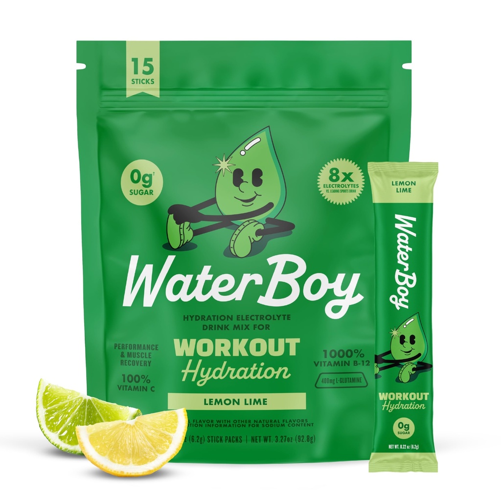 Waterboy exercitar a hidratação de açúcar livre de 2,960mg em pó de eletrolite pacotes de L-Glutamina + Vitaminas, sem açúcar, todos naturais, sem glúten, 15 bebidas Stick Mixe (limão)