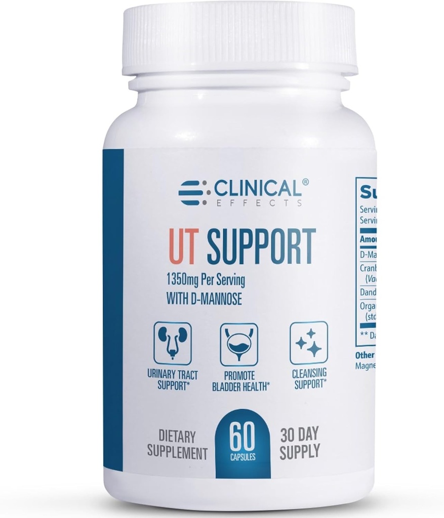Efeito Clínico Suporte UT - Natural Cleanse and Urinary Tract Health Support - D-Mannose, Dandelion, Hibiscus e Cranberry Pills para Mulheres - 60 D Mannose Cápsulas - Made in the USA