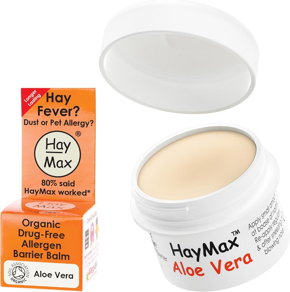 HayMax Allergen Barrier Balm - Aloe Vera 0,17 fl oz - Orgânico, Natural e Não-Drowsy Hay Fever & Balm Alergia alívio - Blocos Pólen e outras partículas de alergénio - Ótimo para adultos, crianças e mulheres grávidas