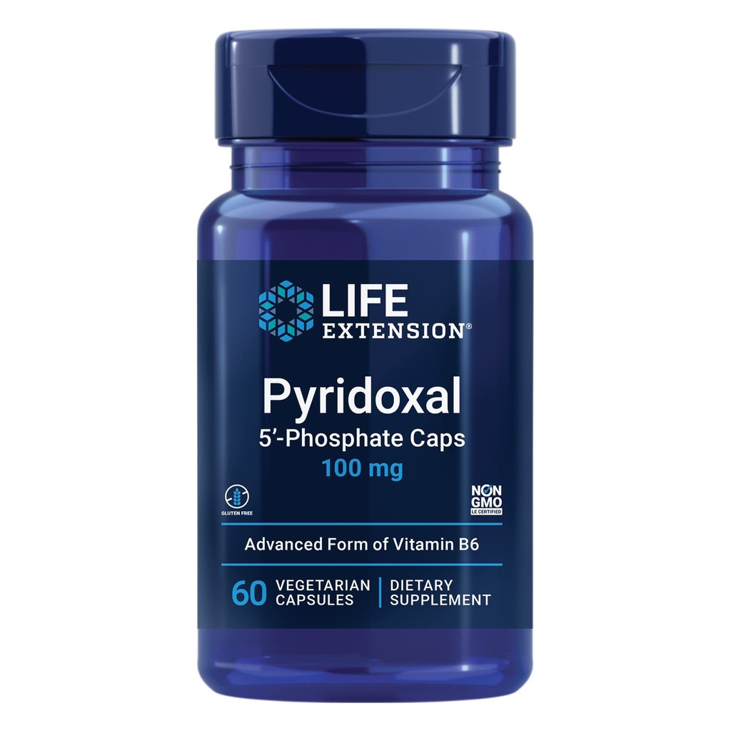 Extensão de Vida Cápsulas de Piridoxal 5'-Fosfato – Vitamina B6, 100 mg, Bioativa B6 para Cardiovascular, Rim e Nervo Saúde – Glúteo-Livre, Não-GMO, Vegetariana – 60 Cápsulas Vegetarianas
