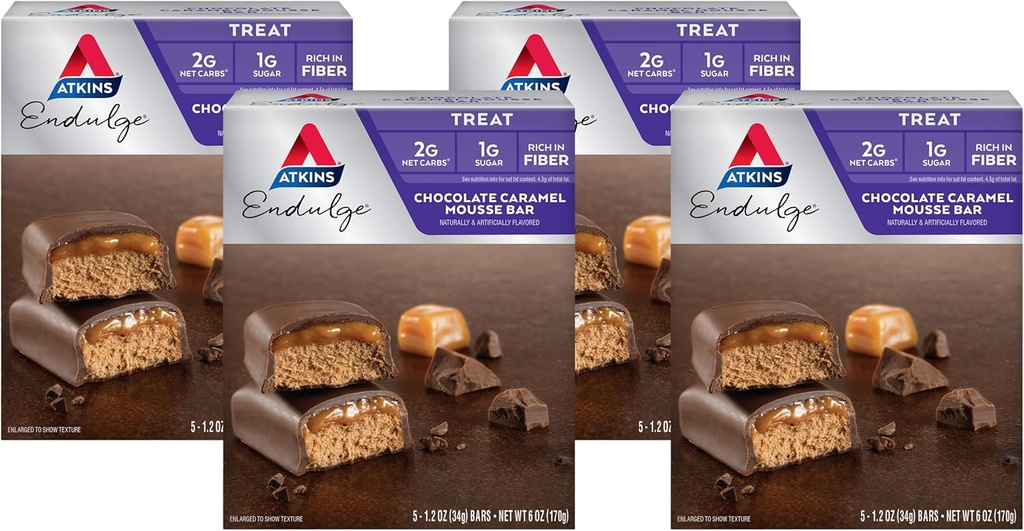 Atkins Endulge Chocolate Caramel Mousse Bar, Sobremesa Favorito, 1g de açúcar, Alta em Fibra, 5 Count (Pack of 4)