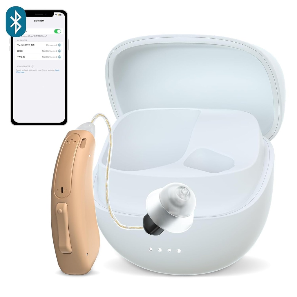 RIC único aparelho auditivo para idosos , FIT CUSTOM digital Over-The-Counter Recarregável Tinnitus Mascaramento Premium solução de ajuda auditiva para adultos, quase invisível Bluetooth chamada habilitado, Auto-On, 1pc lado esquerdo