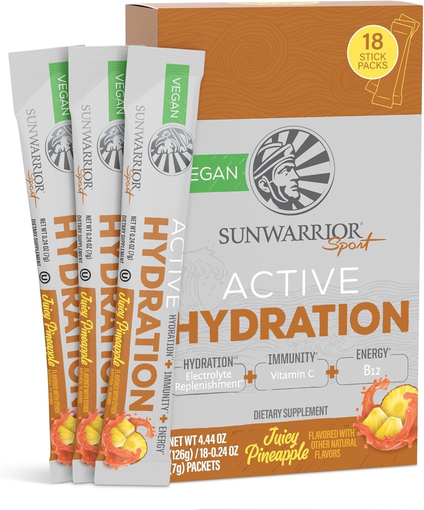 Sunwarrior Hydration Powder Eletrolyte Packets Powder B12 Elderberry - Juicy Abacaxi flavored 18 Stick Packs 126g Pouch - Vegan e planta-baseado açúcar livre