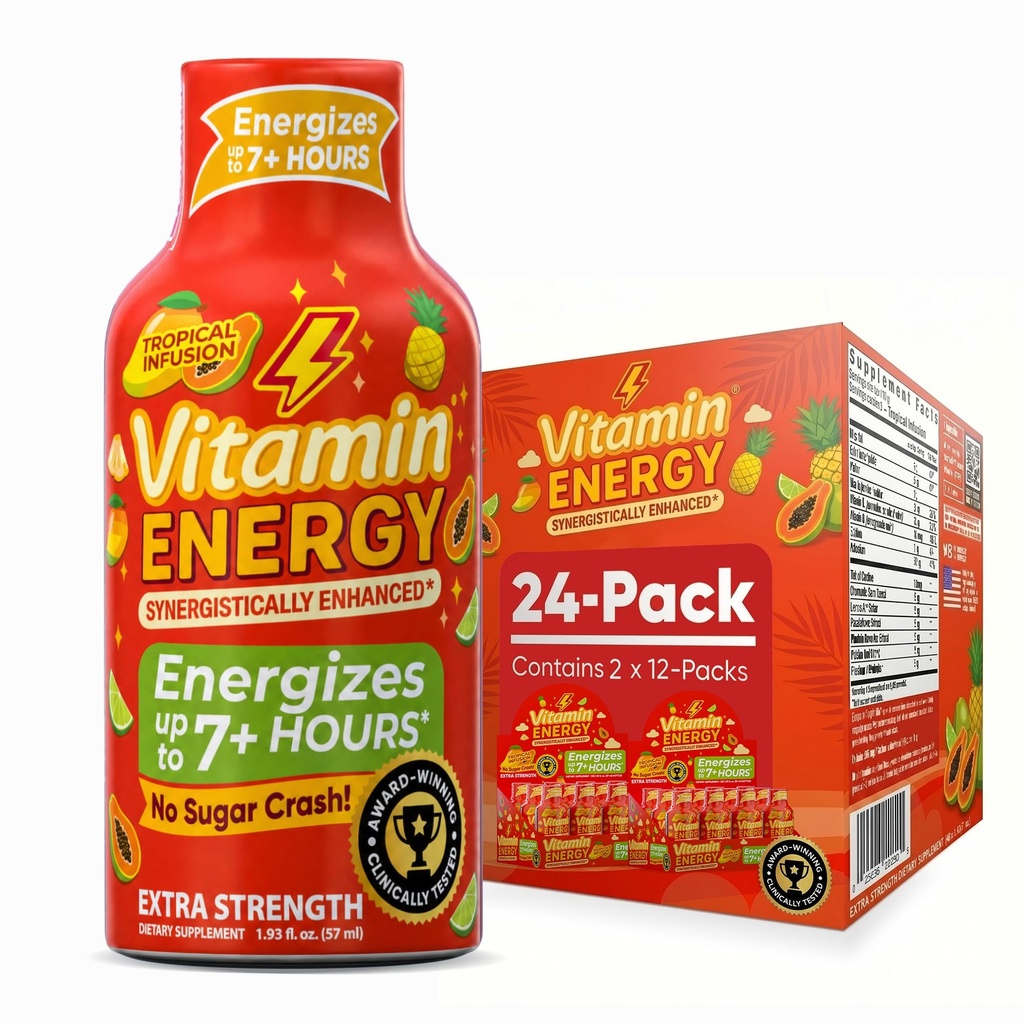 Vitamina Energia Focus+ Energia de força extra Tiro Tropical Infusion 24 Pack, 260mg Cafeína Natural, B-Vitaminas, CoQ10, Aminoácidos, Foco, Produtividade e clareza, Açúcar Zero, Gluten-Free, 1,93 fl oz