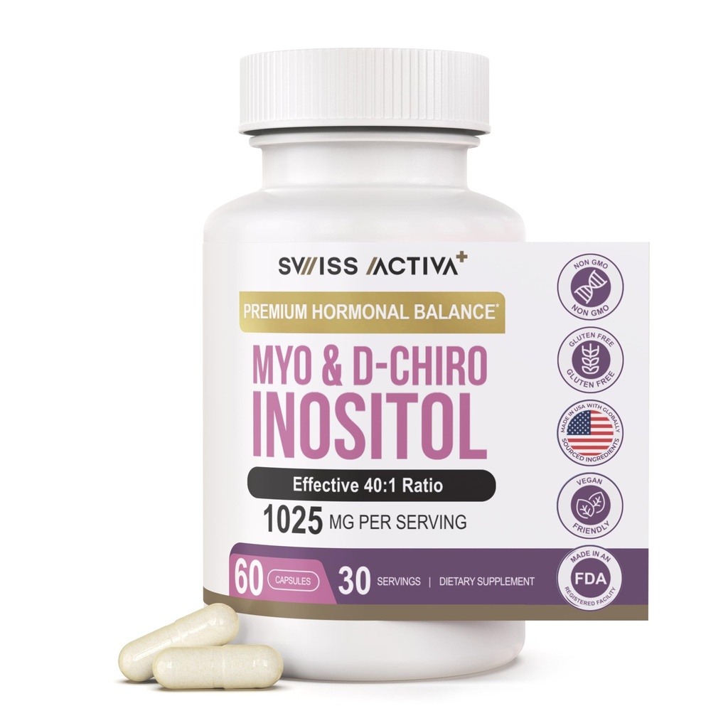 Ativa Suíço+ Labs Myo Inositol Supplement & D-Chiro Inositol Supplement - Saldo Premium Hormônio para Mulheres & Suplementos PCOS - Regular Ciclo Menstrual - Suporte Ovariano - 30 Dias de Fornecimento