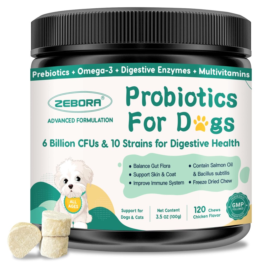 Probióticos para cães Saúde digestiva, probióticos do cão e enzimas digestivas, prebióticos, Omega-3 & 6 e vitamina para cães, 6 bilhões de UFCs para Gut Health e Imune Support, 120 mastigações