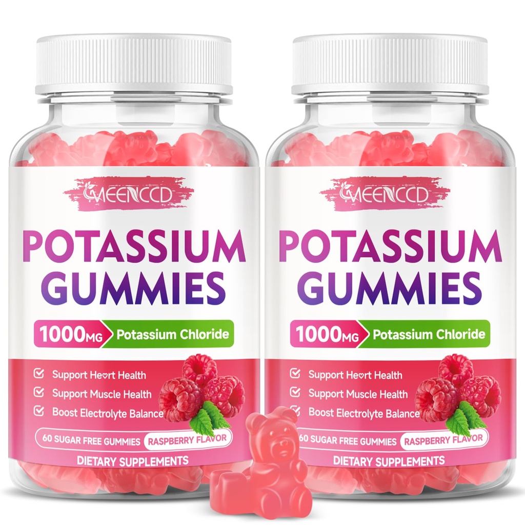2 Pacote de pastilhas de potássio, Cloreto de potássio 1000mg para adultos, Supplement de potássio sem açúcar chicletes apoio equilíbrio de eletrólitos e Cãimbras perna para mulheres e homens, Framboesa sabor, 120 contagem
