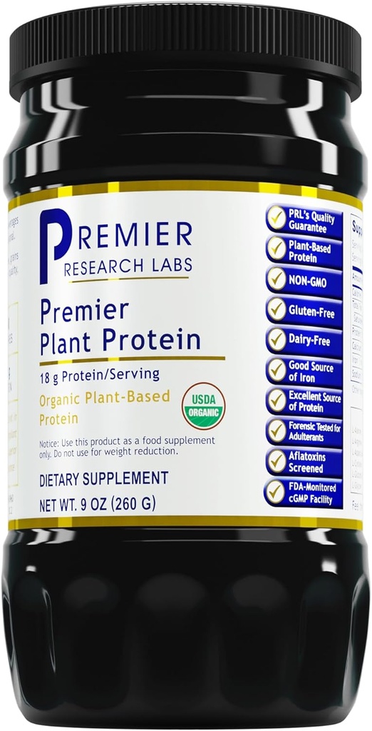 Premier Research Labs Planta Proteína - Vegan Planta Based Ervilha Proteína Pó, Orgânico, Leite Livre, Glúten Livre, Sem sabores artificiais, Vegetariano, contém abóbora e proteína de arroz - 9 Oz