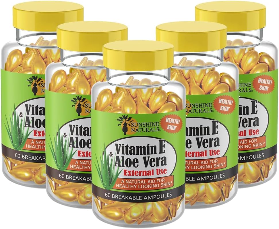 Sunshine Naturals Vitamina E e Aloe Vera Hidratante. Fórmula hidratante para pele seca, alívio calmante, nutrição e elasticidade da pele. Promove pele macia e saudável. 60 frascos. Embalagem de 5