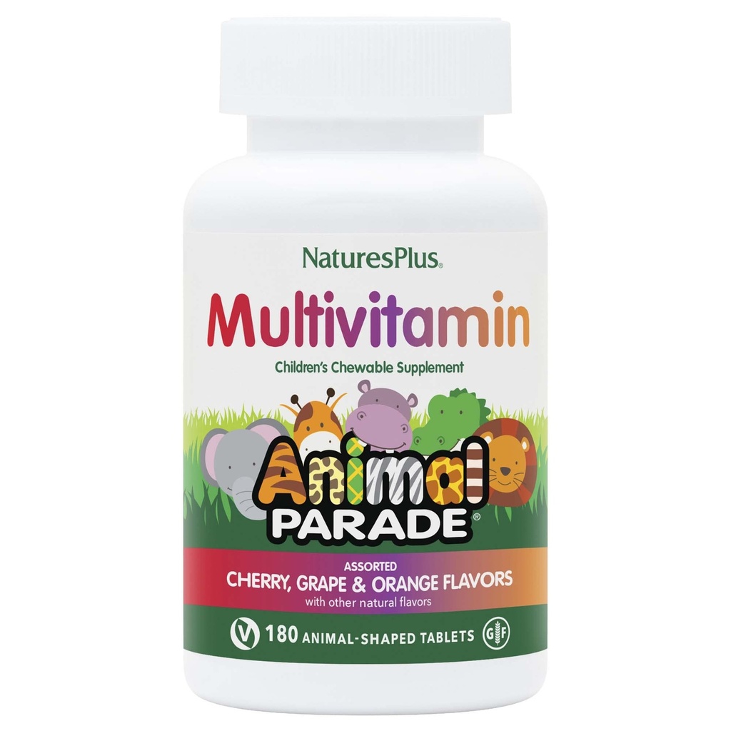 NaturalsPlus Animal Desfile Multivitamínico mastigável para crianças - 180 Comprimidos em forma de animal - sabores naturais variados - vegetariano, sem glúten - 90 Servimentos