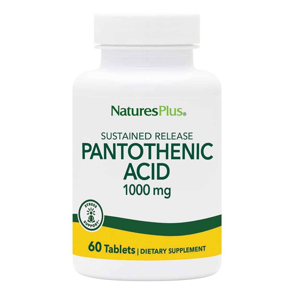 NaturesPlus Ácido Pantotênico, Libertação Mantida - 1000 mg, 60 Comprimidos - Suplemento de vitamina B5 de alta potência - Vegetariano, Glúten Livre - 60 Servimentos