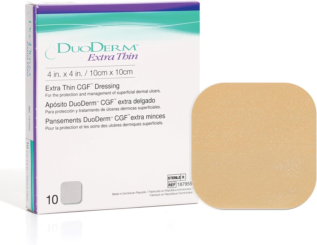 ConvaTec DuoDERM Gel de controle fino extra Fórmula 4"x4" Dressing adesivo esterilizado hidrocolóide para feridas superficiais, fricção baixa, Látex-livre, impermeável, quadrado, bege, caixa de 10ct