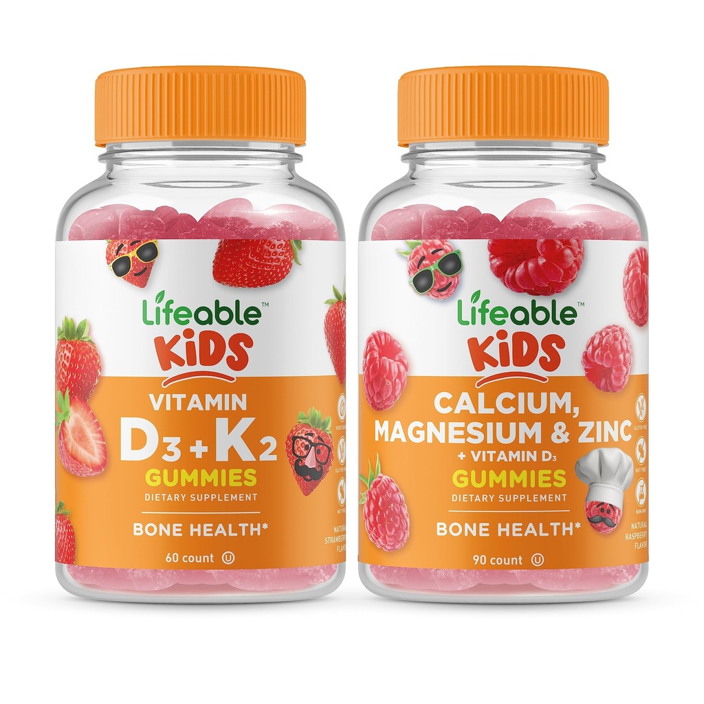 Vitamina D3 viva + Vitamina K2 Crianças + Magnésio de cálcio e zinco Crianças, chicletes Bundle - Grande degustação, Suplemento de vitamina, Sem glúten, GMO livre, chiclete mastigável