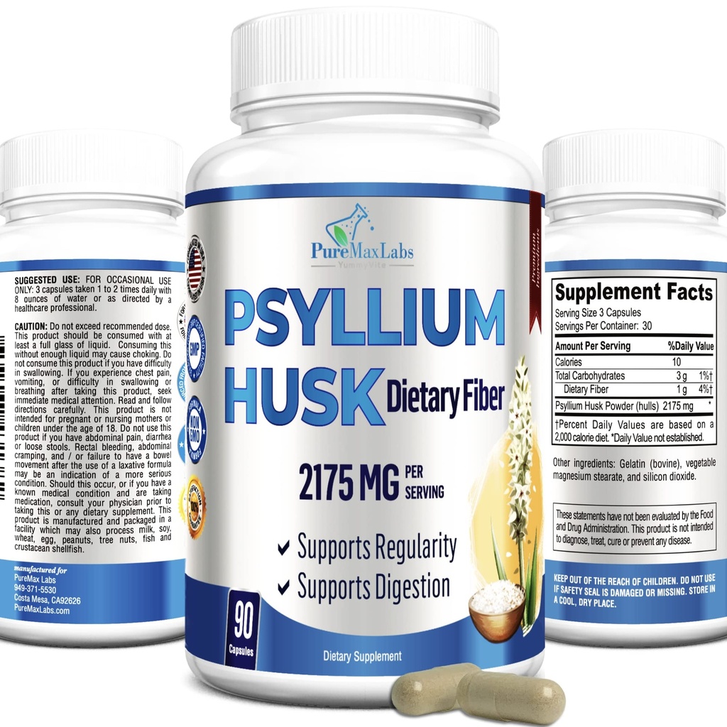 Psyllium Husk Suplemento de fibra dietética 2175mg, Não-GMO, 90 Cápsulas