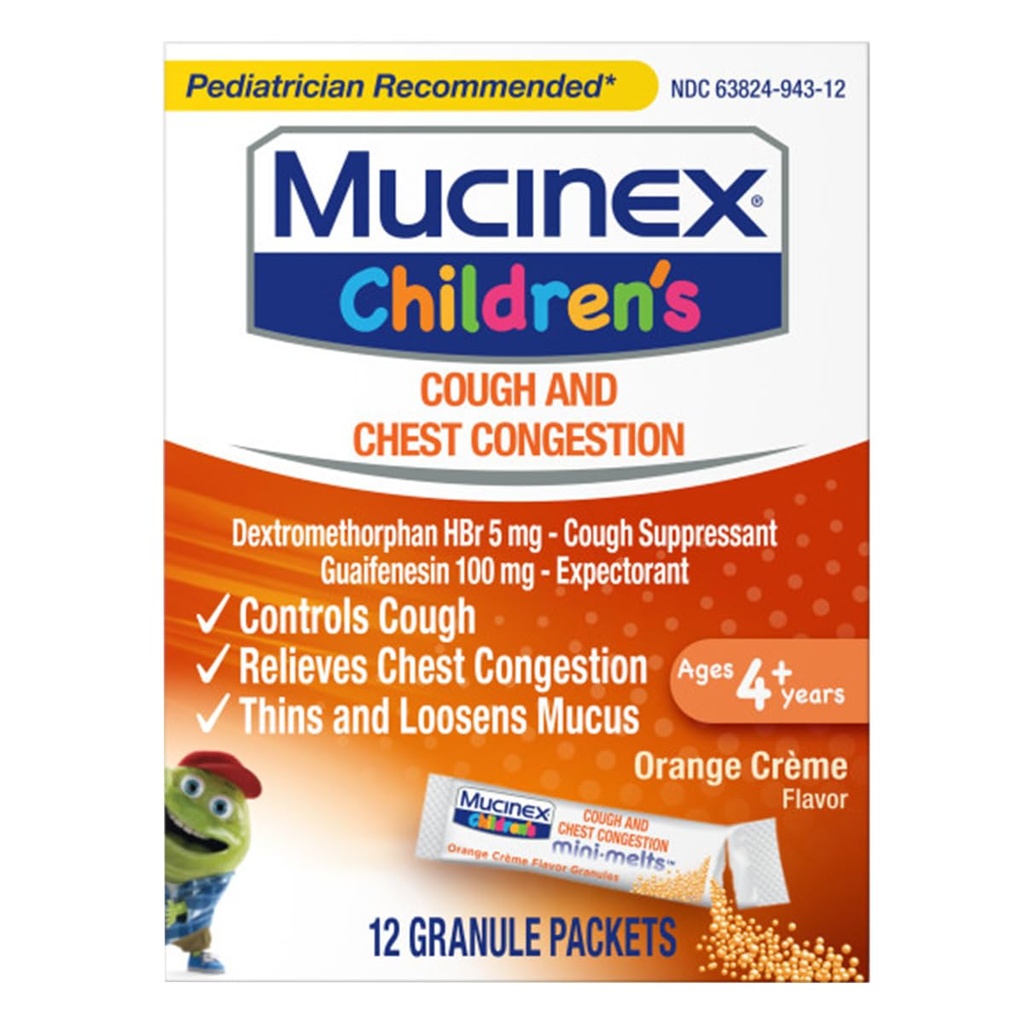 Mucinex Crianças Congestão Congestion Expectorant e Cough Supressor Mini-Melts, Creme de Laranja, 12 Count (Packaging May Vary)