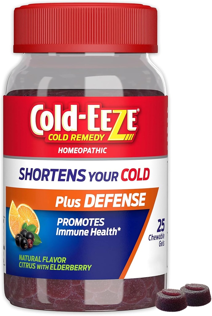 Frio-EEZE Plus defesa Citrus Natural & Elderberry Zinc Chewable Gels, Homeopático Cold Remedy, Encurta sintomas frios comuns, Promove a saúde imunológica com Sambucus Nigra, Echinacea & Rose Hips, 25 Ct