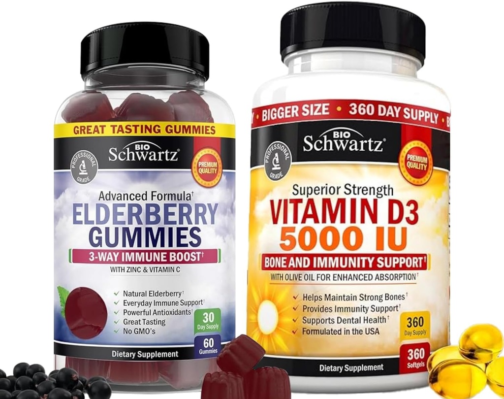 BioSchwartz Elderberry Gummies com Zinco e Vitamina C para Adultos Suporte Imune (1 Mês de Fornecimento) Mais vitamina D3 de alta resistência 5000 UI 125 mcg (1 Ano de Fornecimento)