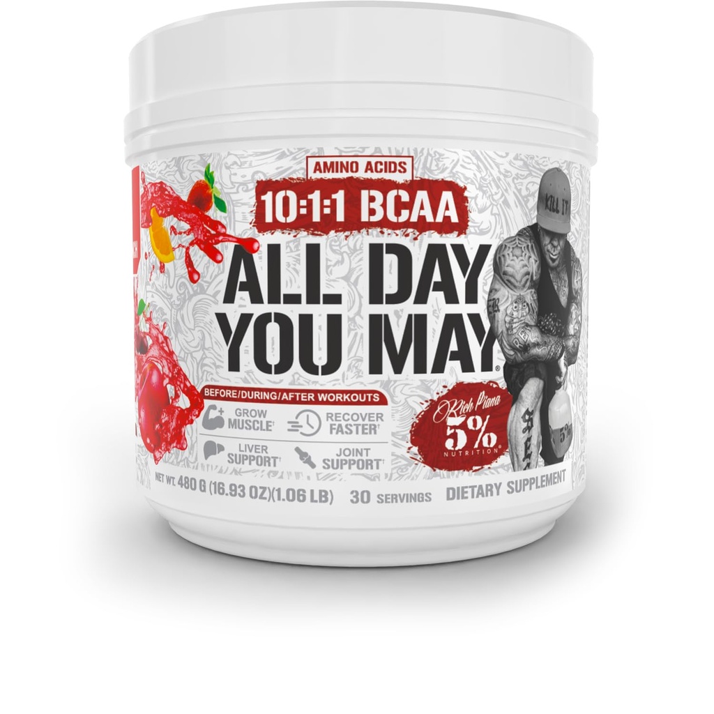 5% Nutrition Rich Piana AllDayYouMay BCAA Powder □ Premium Intra & Post Workout Amino Acids, Hydration, Endurance, Muscle Recovery, Joint & Liver Support