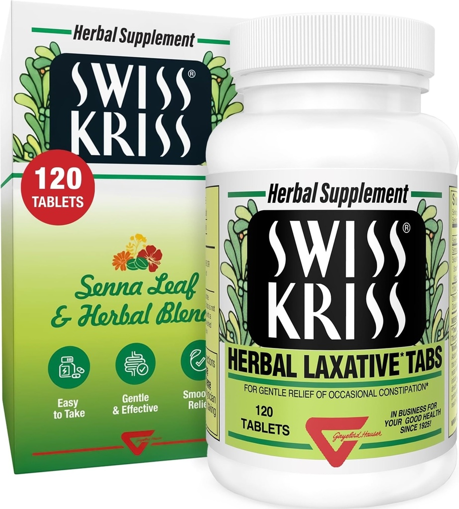 Comprimidos Laxativos Suíços Kriss Herbal, Laxantes Gentil & Natural para alívio da constipação para adultos e crianças com mais de 6 anos, Funciona em 6-12 horas, Senna Laxative, 120 comprimidos Total