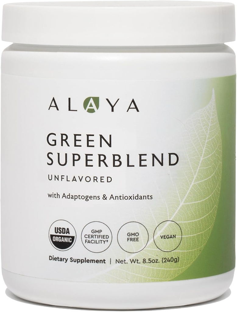 Alaya Organic Super Greens Powder - Premium Green Juice Superfood Supplement Powder - Adaptogens, Antioxidantes & Probióticos Mistura - USDA Organic, Non-GMO, Vegan - 30 Servings (Desflavored)